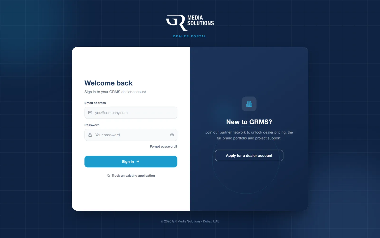 Login page of the GRMS B2B dealer portal demo